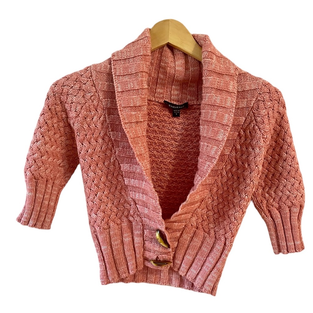 Pink Bebe cardigan with oversized wood buttons & white threading.